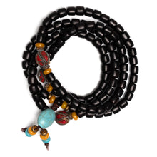 6mm Rosewood Drum Bead Mala with Turquoise Brass and Coral