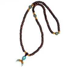 Rosewood Drum Mala with brass coral and turquoise